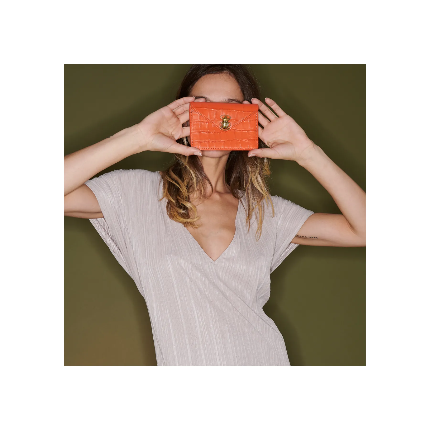 Clearance Claris Virot Alex Wallet Orange Koi Embossed Croco Leather