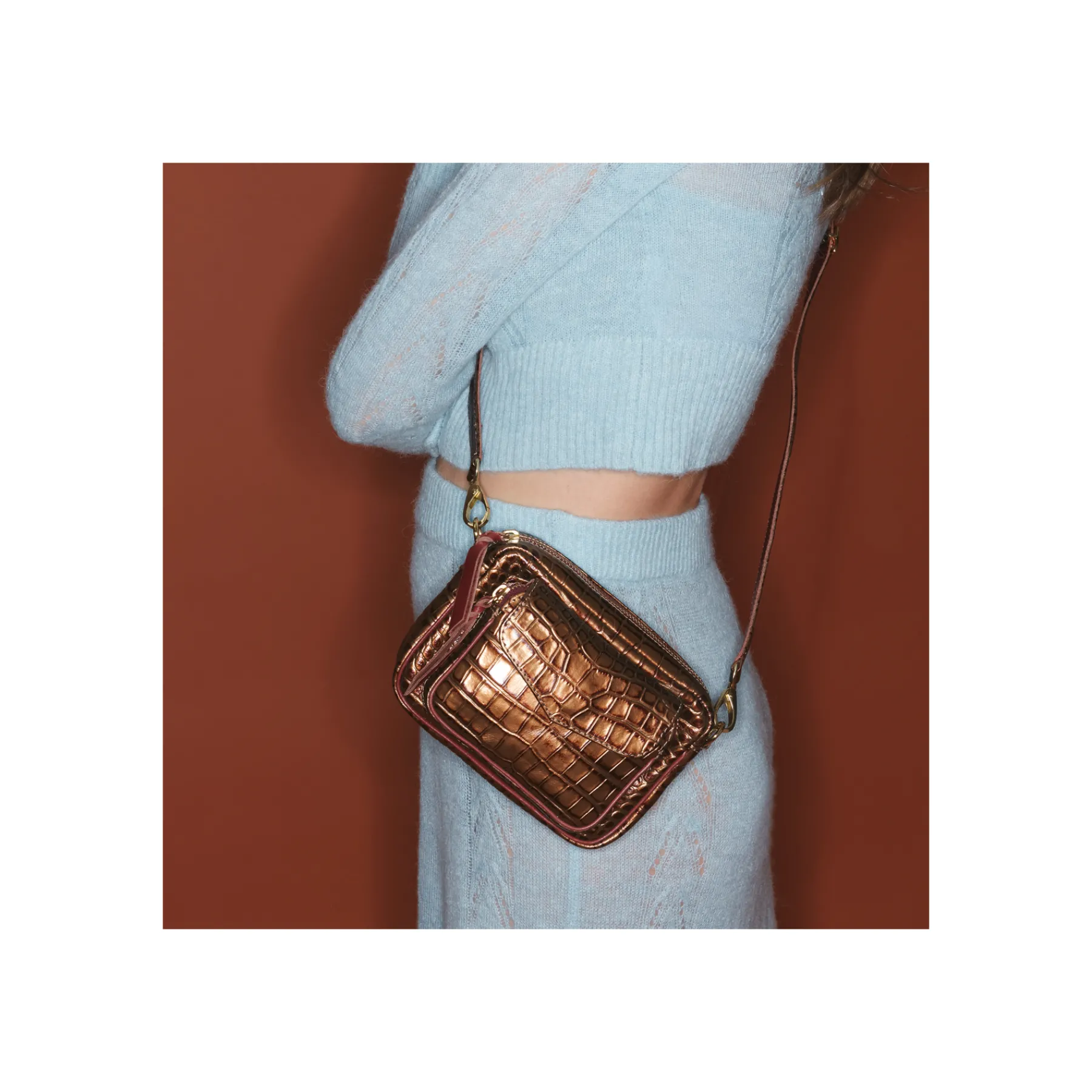 New Claris Virot Baby Charly Bag Metallic Bark Embossed Croco Leather