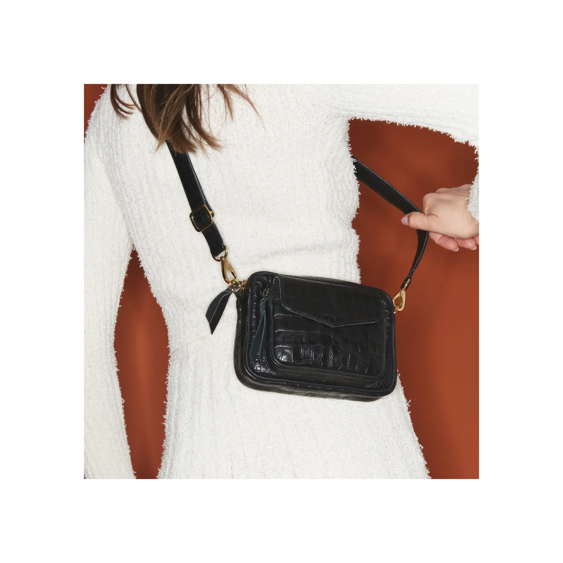 New Claris Virot Baby Charly Bag Black Embossed Croco Leather
