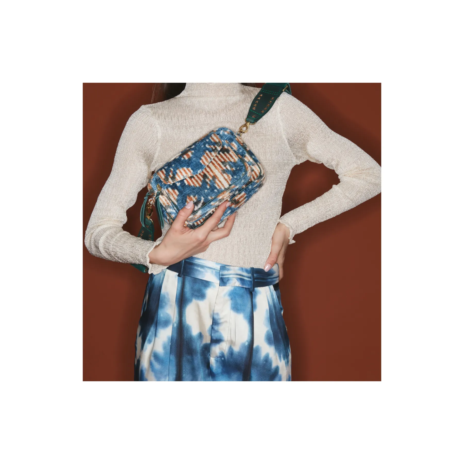 Best Claris Virot Big Charly Bag Blue Snowflake Silk Velvet