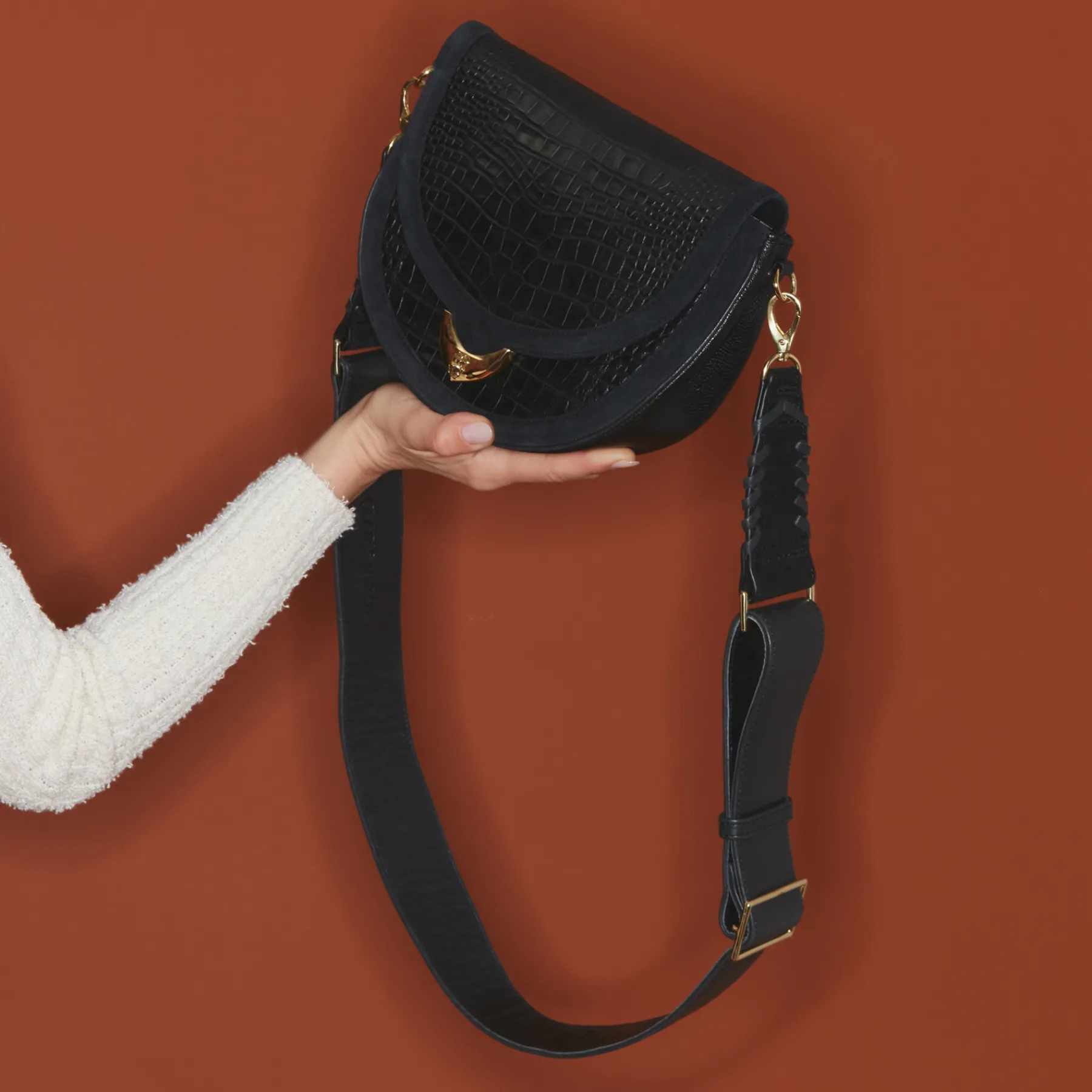 Clearance Claris Virot Big Victoria Bag Black Embossed Croco Leather