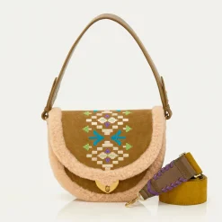 New Claris Virot Big Victoria Bag Olive Suede Embroidered And Cream Shearling