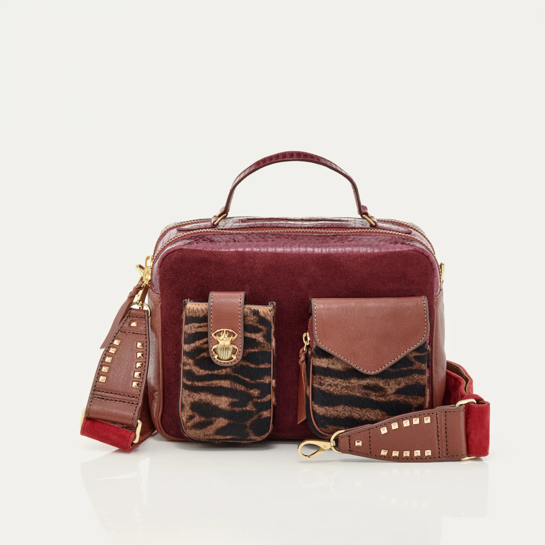 Online Claris Virot Cesar Bag Ocelot And Burgundy Leathers
