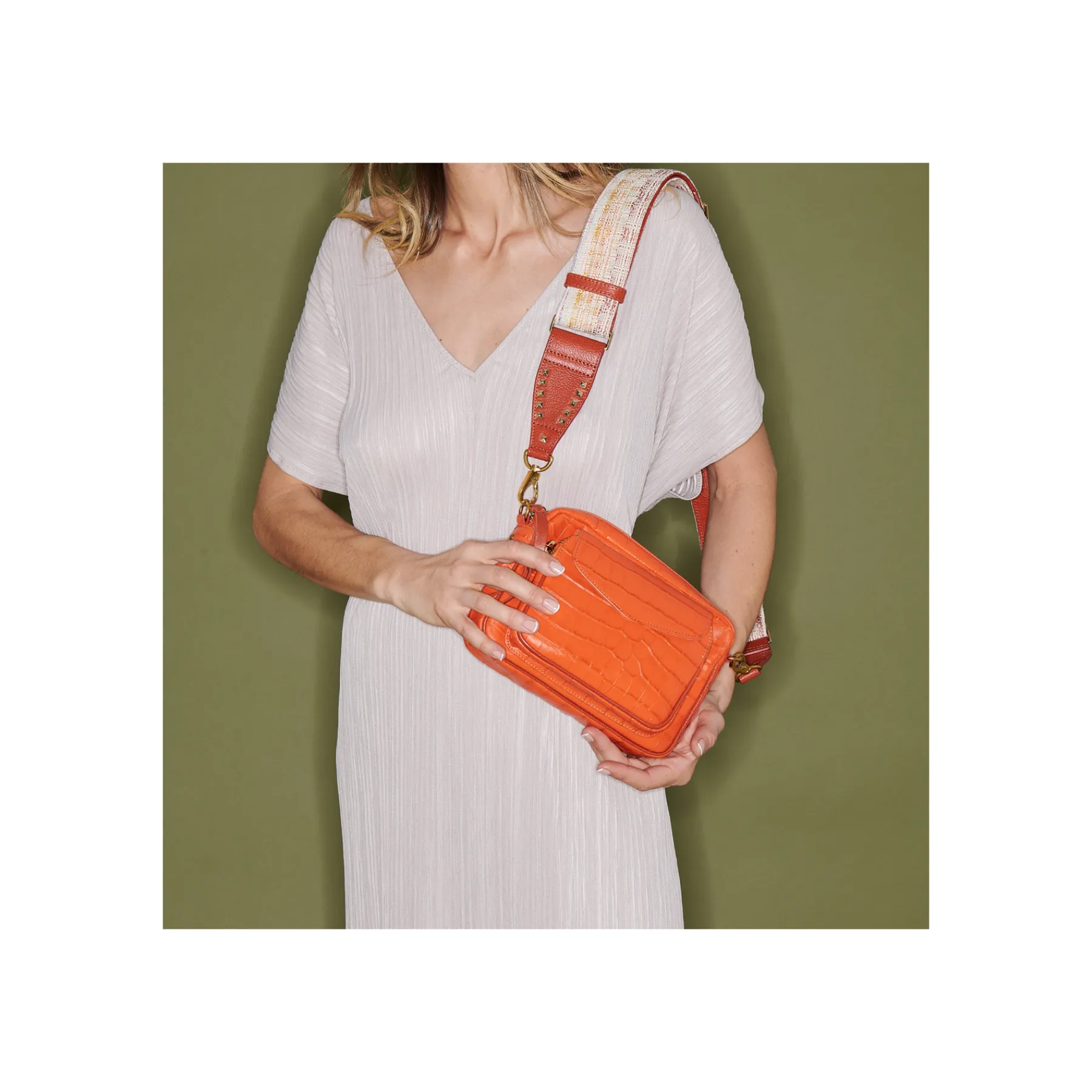 Cheap Claris Virot Charly Bag Orange Koi Embossed Croco Leather