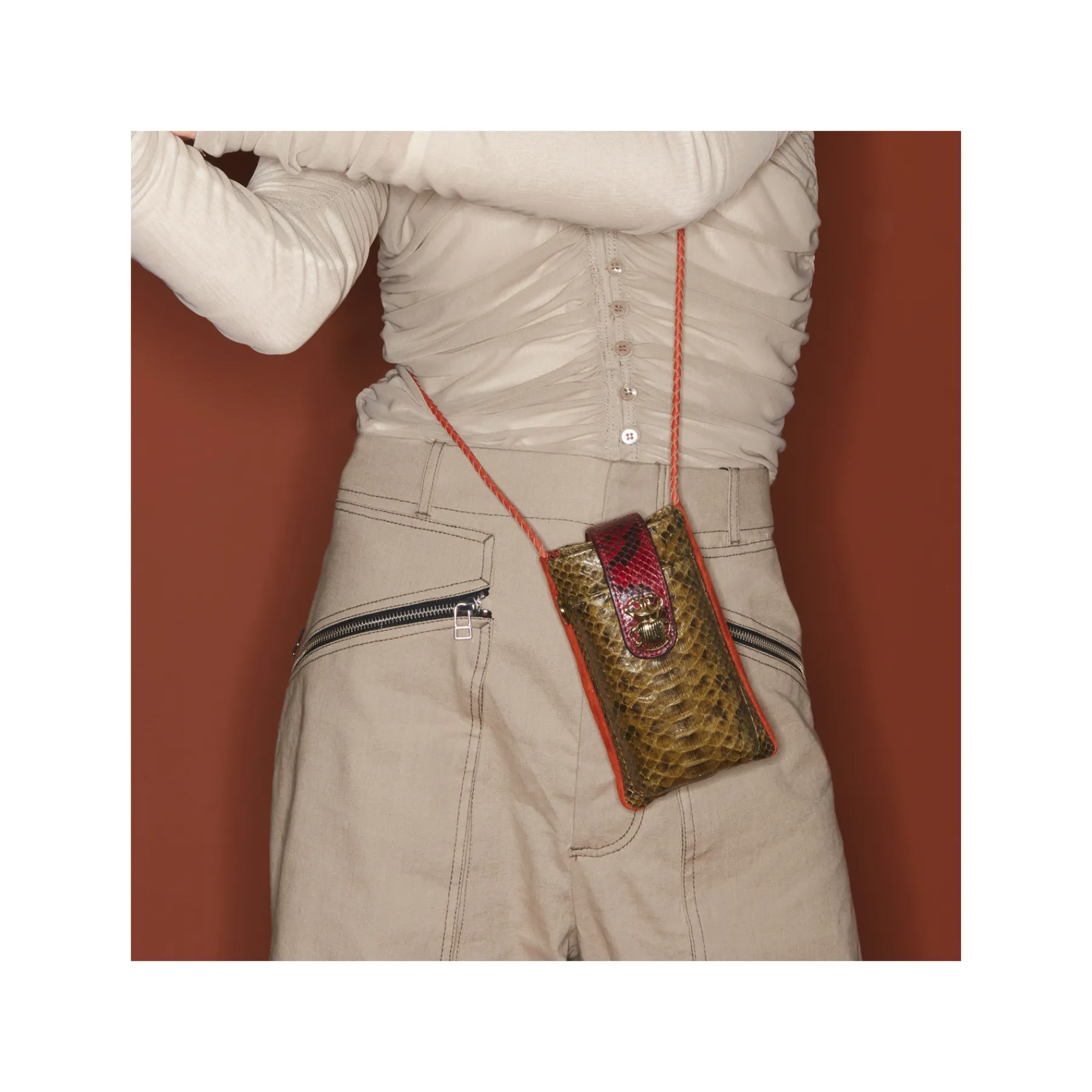 Shop Claris Virot Double Marcus Case Kaki Burgundy Mix Python