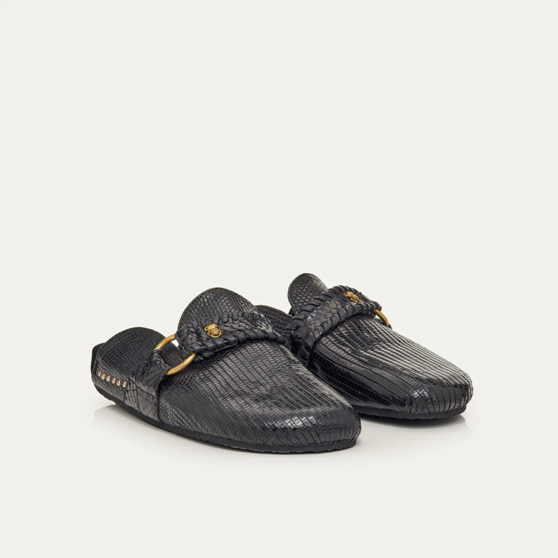 Flash Sale Claris Virot Georgette Mules Black Lizard Golden Hardware