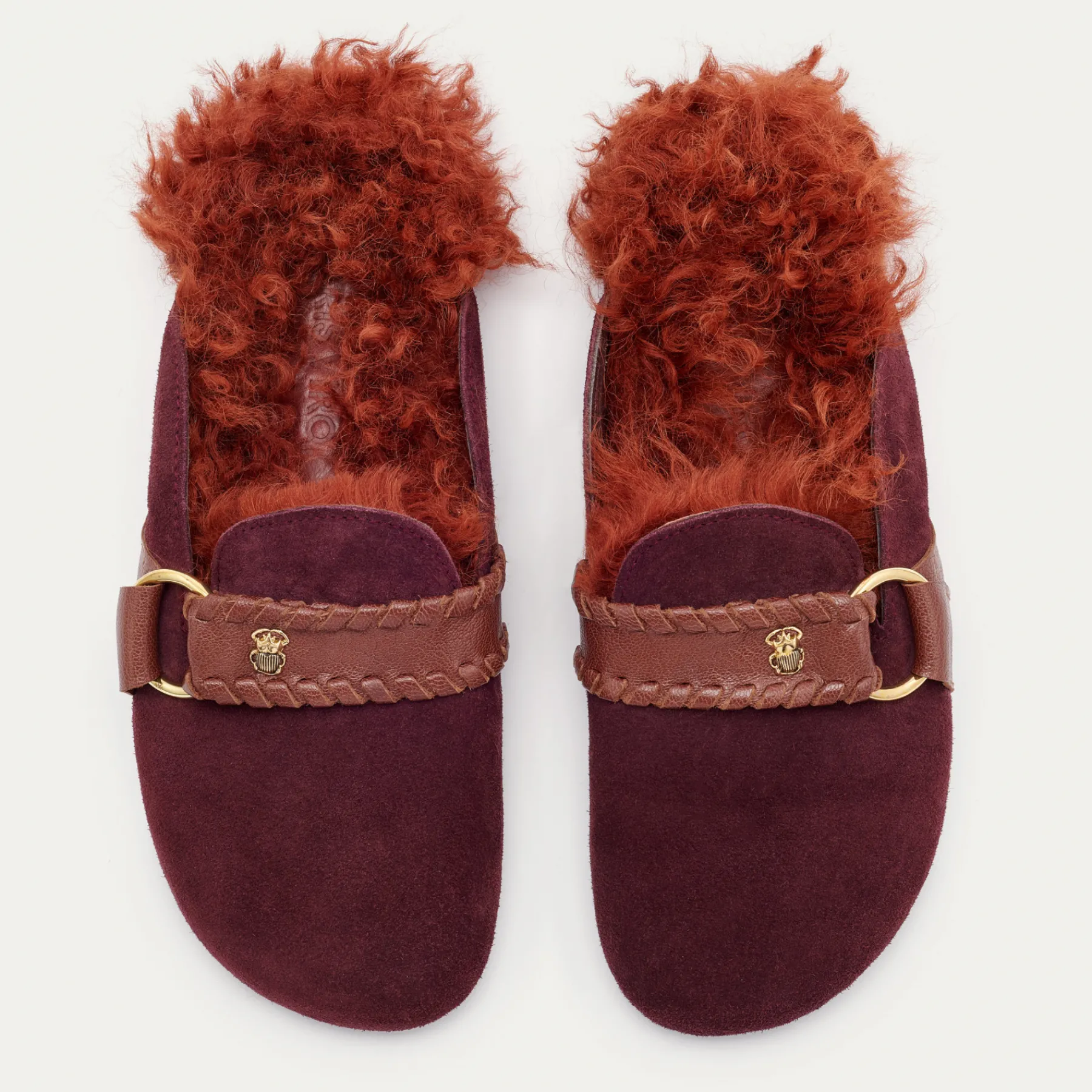 New Claris Virot Georgette Mules Hot Wine Leather And Brick Shearling