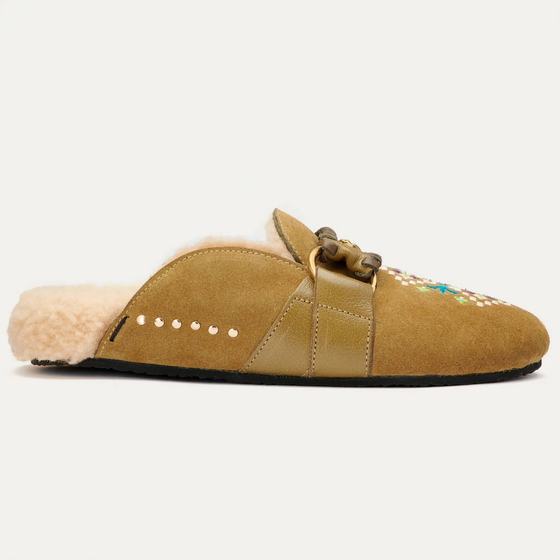 Sale Claris Virot Georgette Mules Olive Leather Embroidered And Cream Shearling