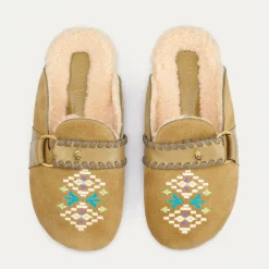Sale Claris Virot Georgette Mules Olive Leather Embroidered And Cream Shearling