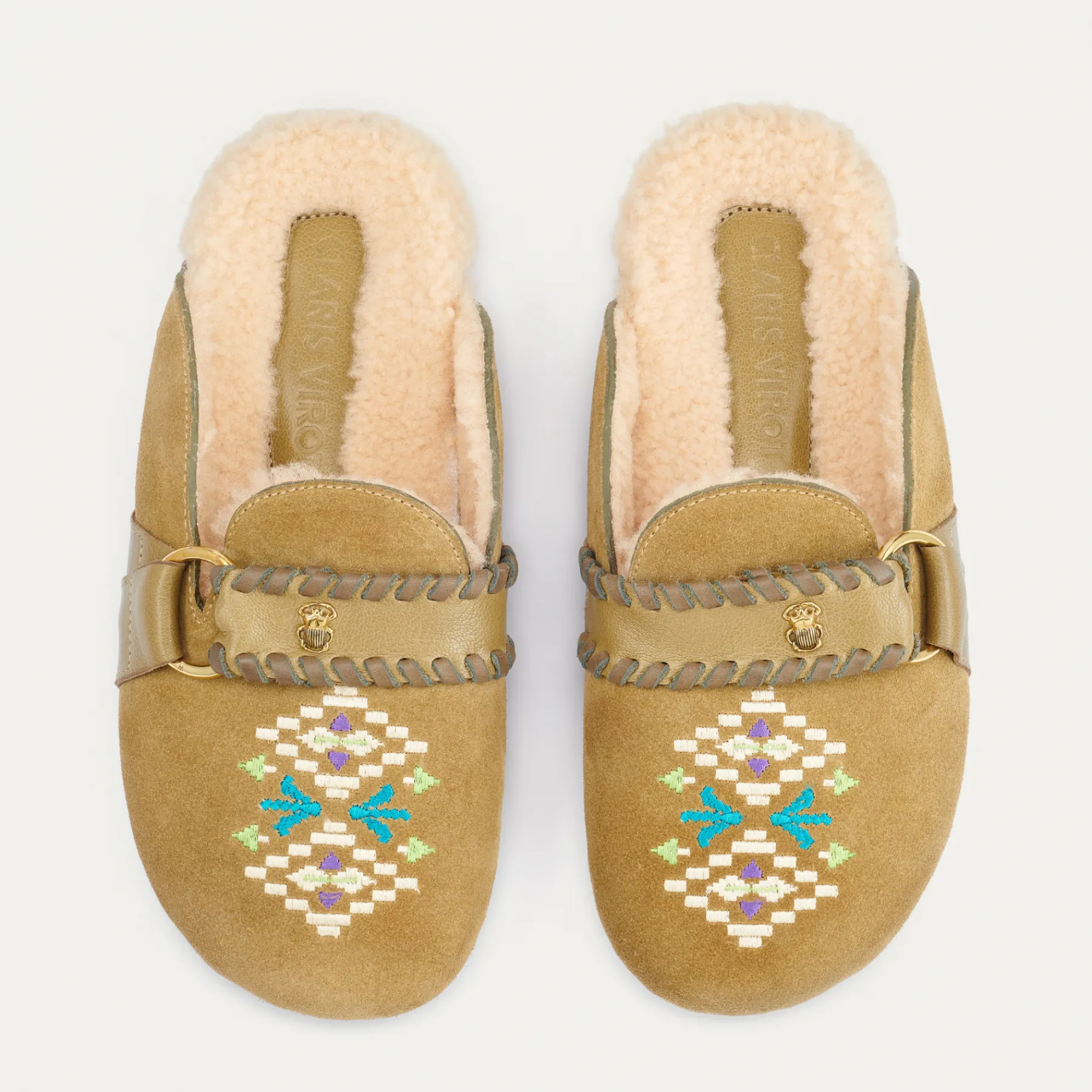 Sale Claris Virot Georgette Mules Olive Leather Embroidered And Cream Shearling