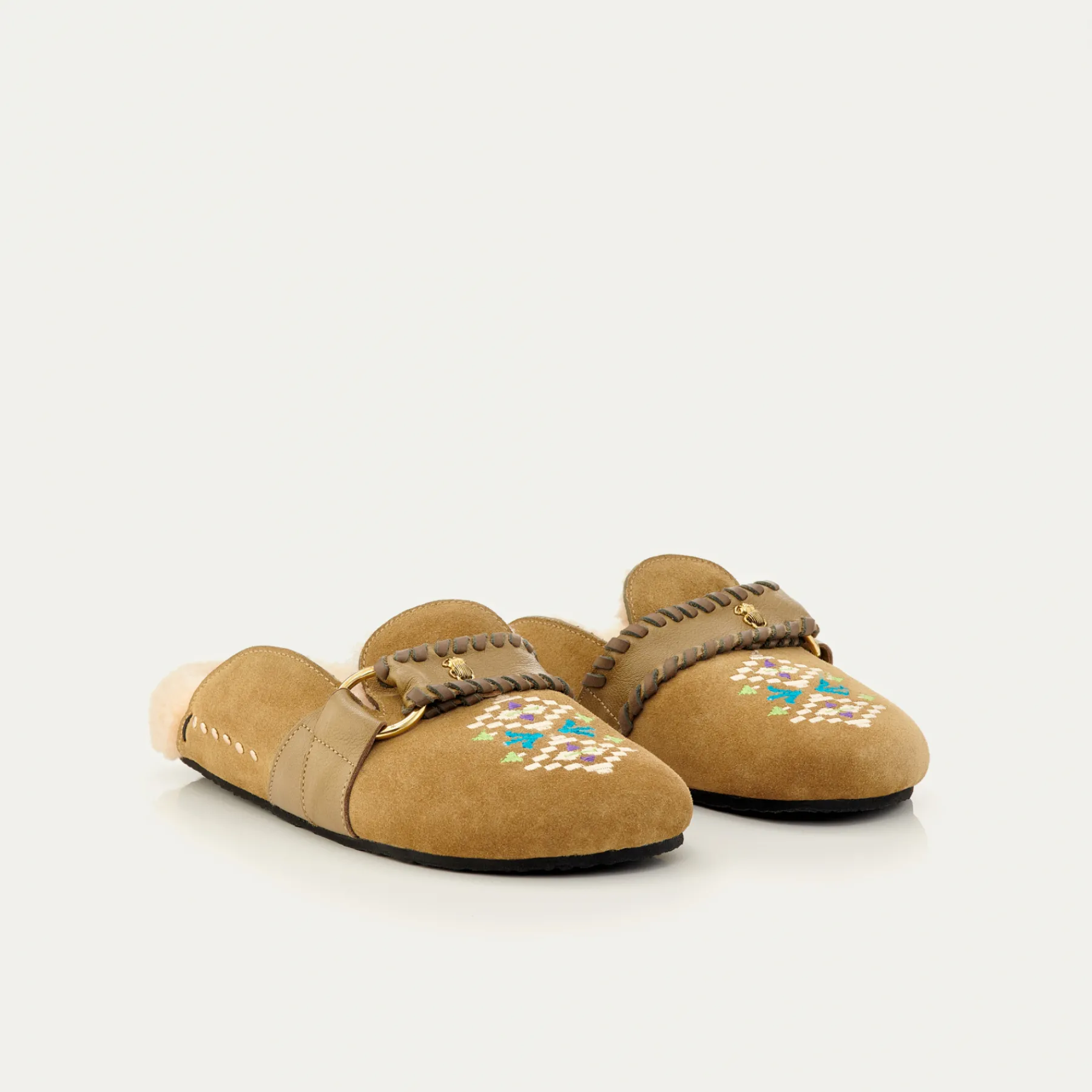 Sale Claris Virot Georgette Mules Olive Leather Embroidered And Cream Shearling