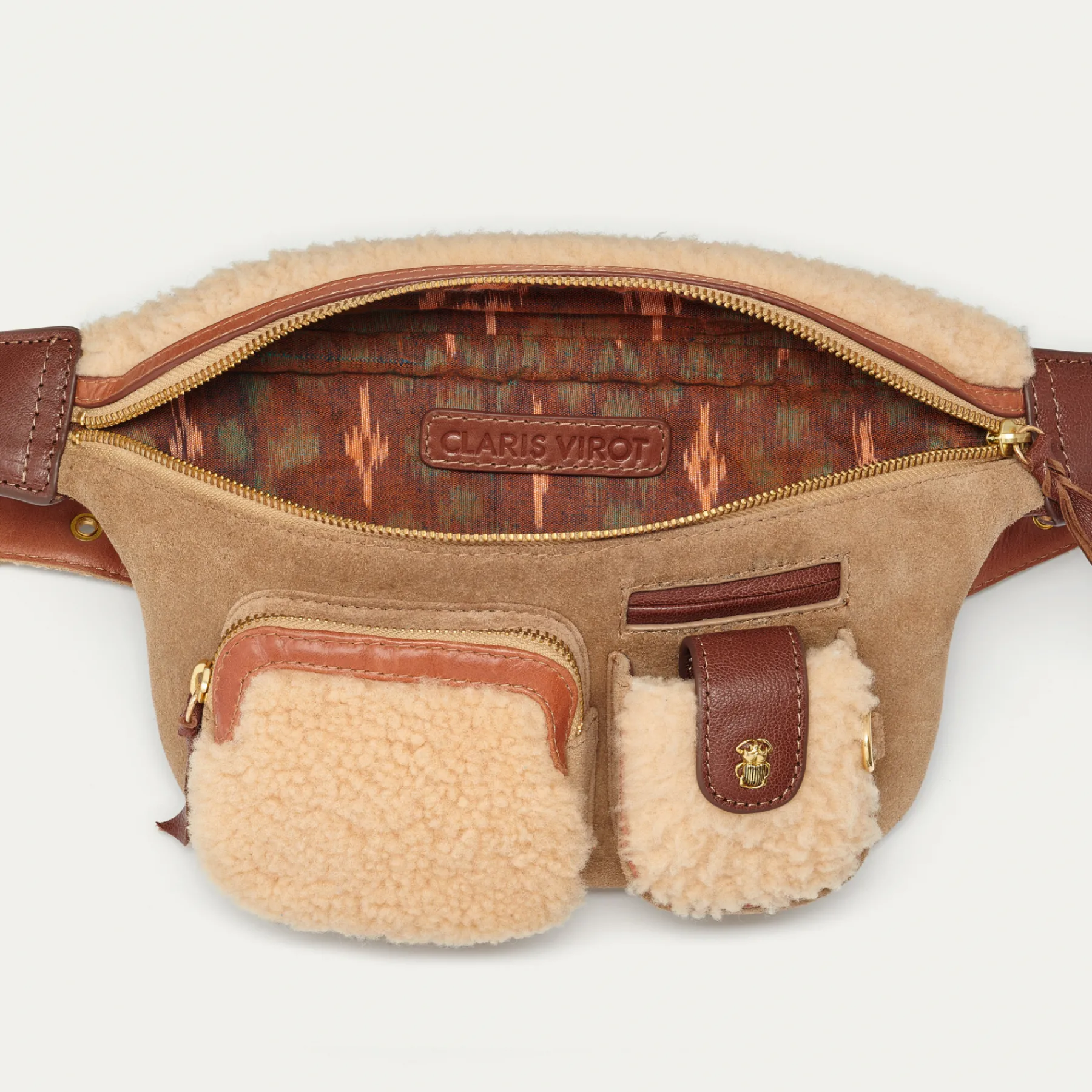 Best Sale Claris Virot Romeo Bag Olive Suede Embroidered And Cream Shearling