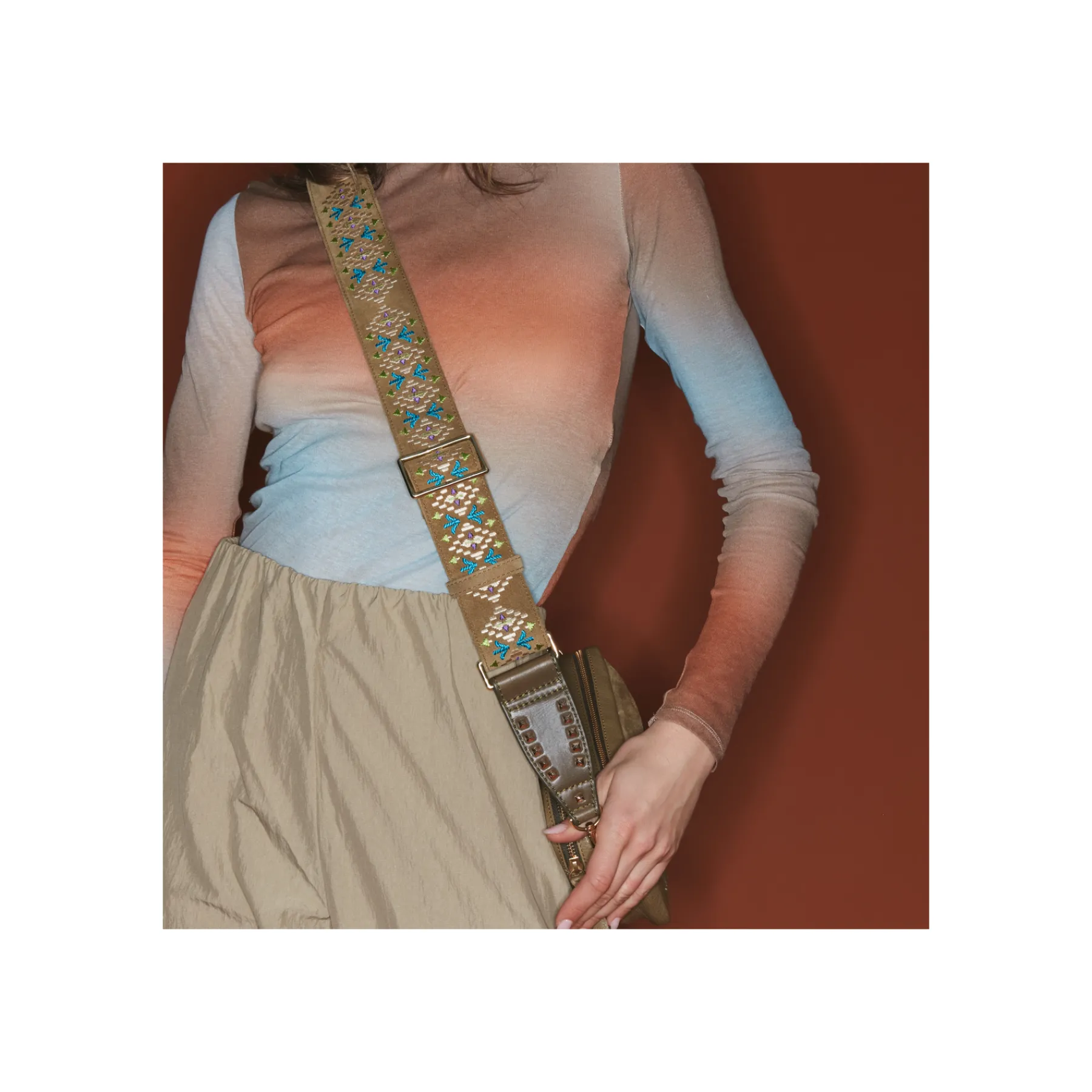 Fashion Claris Virot Strap Olive Leather Suede Embroidered