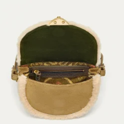 Discount Claris Virot Victoria Bag Olive Suede Embroidered And Cream Shearling