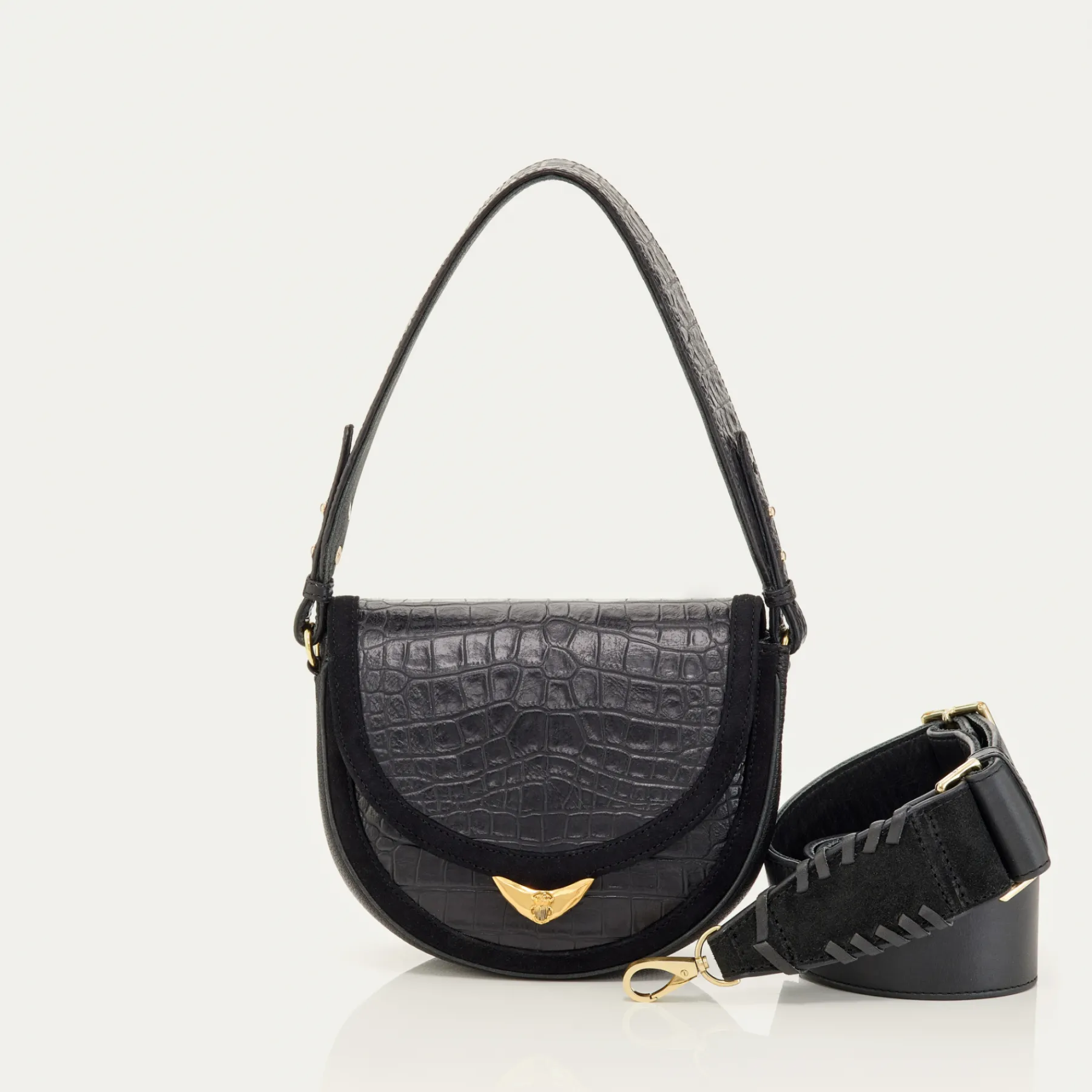 Online Claris Virot Victoria Bag Black Embossed Croco Leather